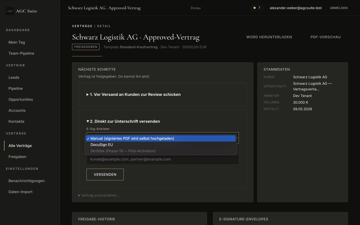 E-Signatur-Anbieter-Dropdown mit Skribble, DocuSign EU und Manual